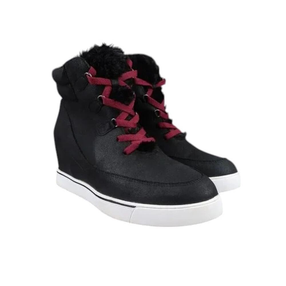 Sugar Shoes Womens 9.5 Fashion Sneakers Wedge Faux Fur Lace Up Memory Foam Black